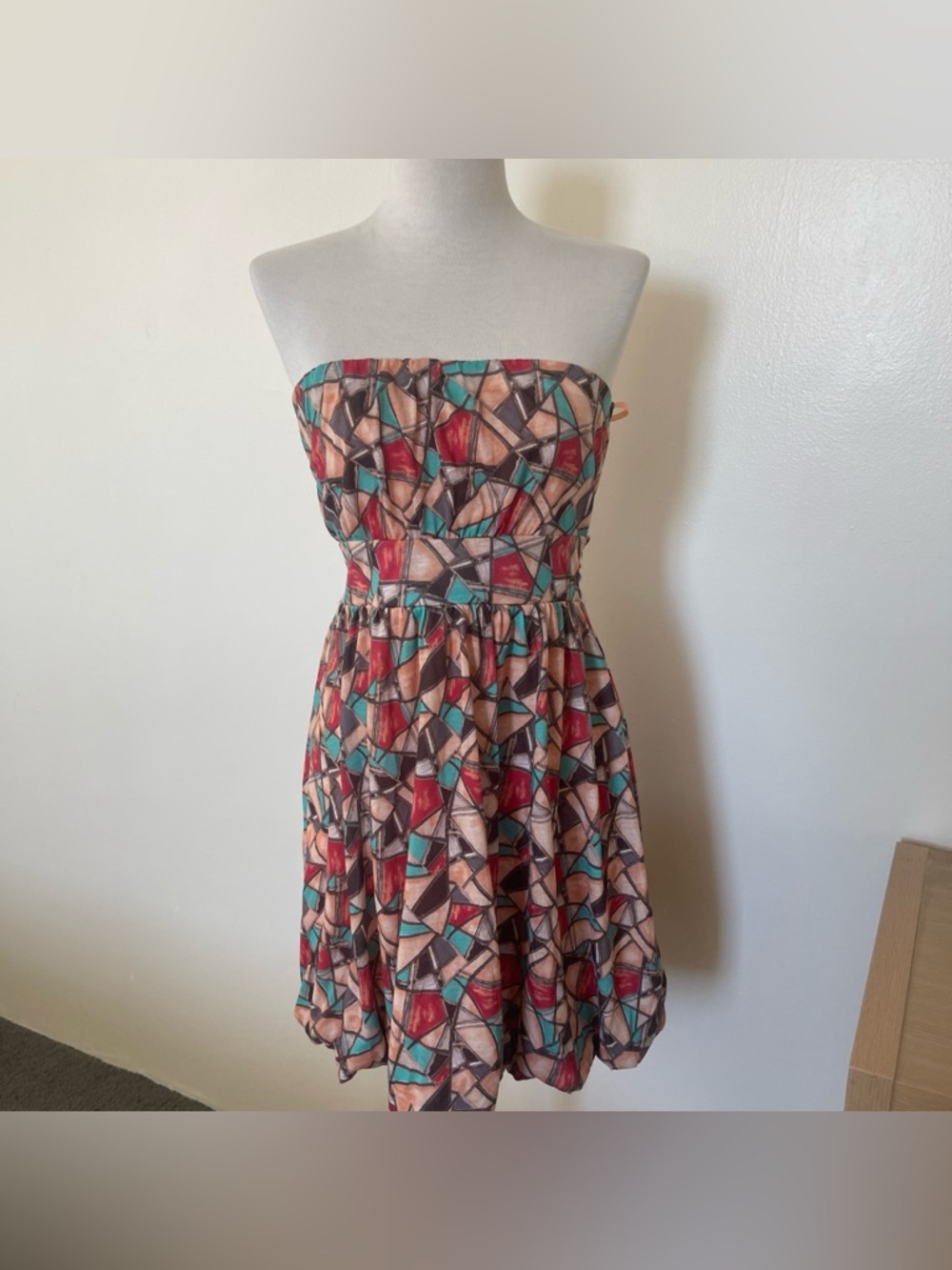 American Rag Strapless Geometric Print Dress in Red, Teal, Peach